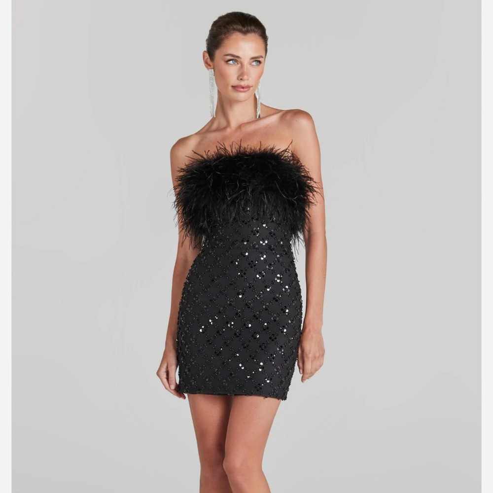 Nadine Merabi Harlow sequin & feather mini dress